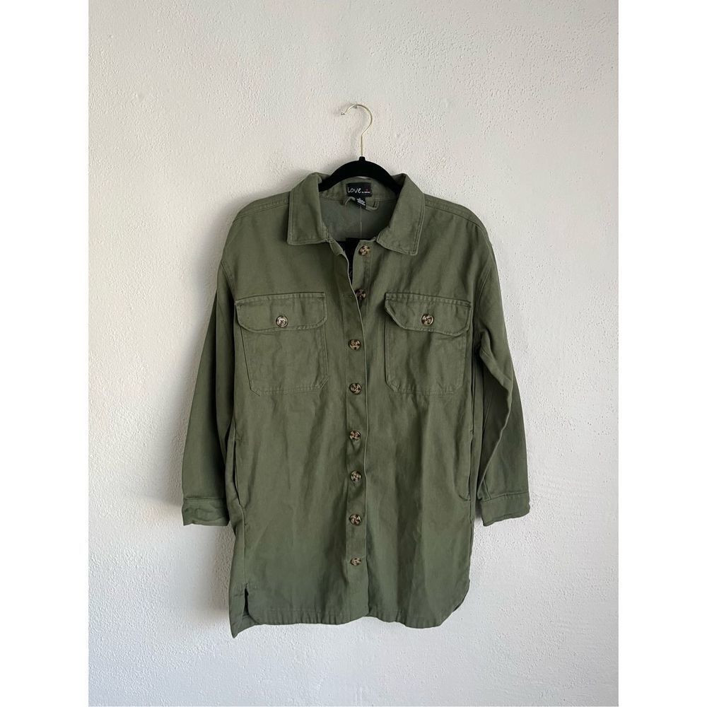 Love by Chesley Woman Army Green Long Sleeve 100% Cotton Denim Button Do…